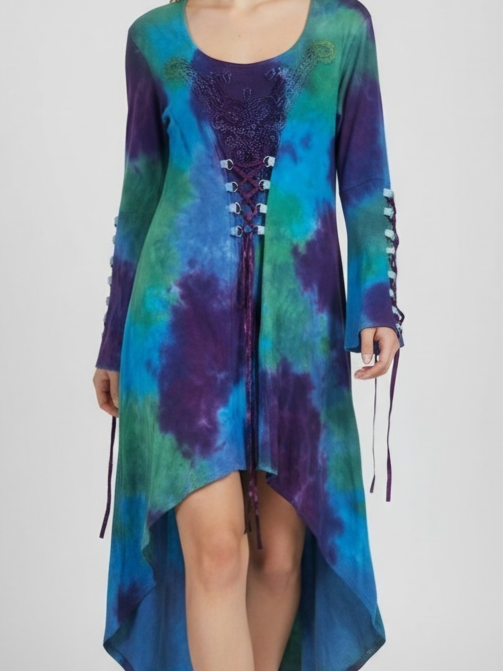Bohemian Tie-Dye High-Low Lace-Up Dress in Blue, Green & Purple Fairycore Indie